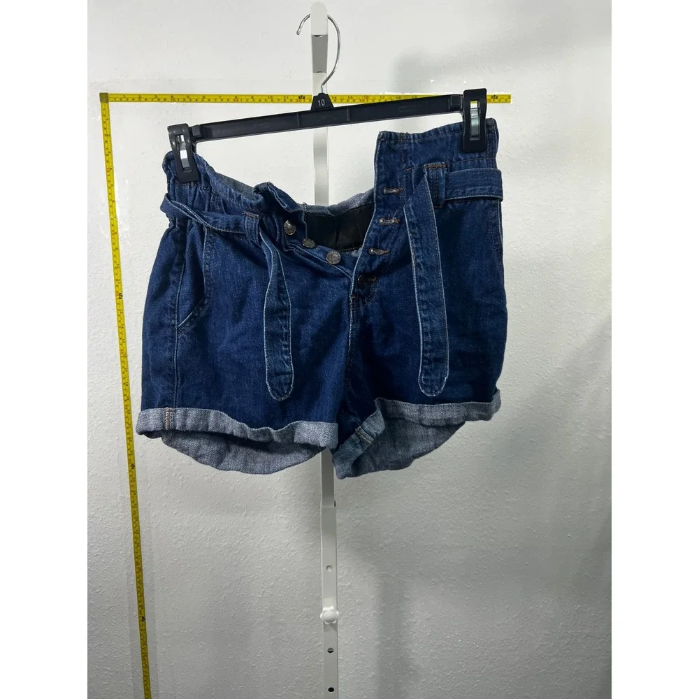 Wax Jean Los Angeles Dark Wash Paperbag Waist Denim Shorts Cuffed Womens Small‎